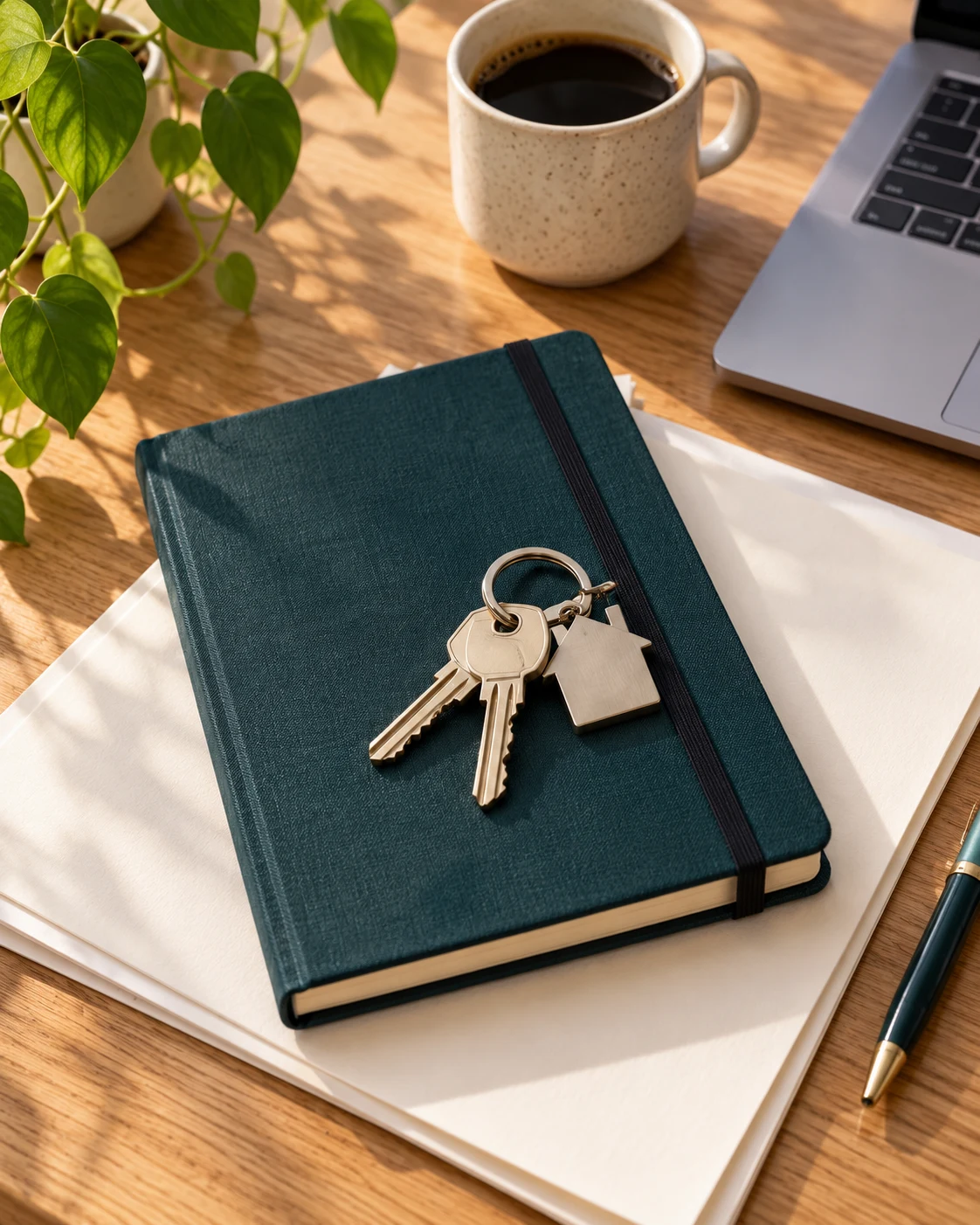 Keys, a notebook and a laptop on a property manager's desk